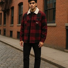 TOMMY HILFIGER Tjm Check Sherpa Men Jacket S Red Snap Buttons Overshirt RRP170 *