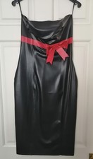 Honour Small Black Latex Strapless Midi Dress with Red Bow and Low Back Slit. 