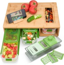 Bamboo Cutting Board Set Built-in Grater Stackable Containers/Trays Food Prep