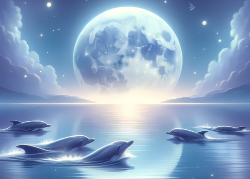 Moon seascape dolphins - dolphins, canvas