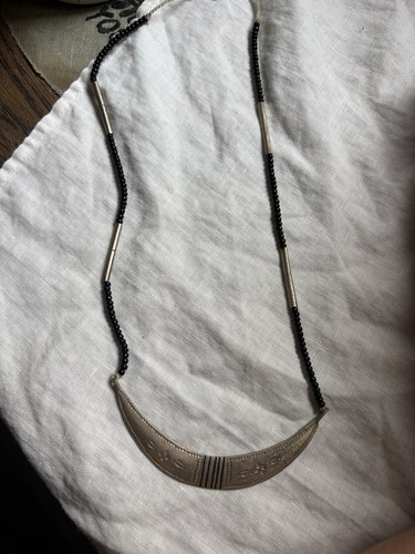Black beaded crescent pendant - black,