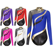 UK Women Sparkly Color Block Long Sleeve Gymnastics Leotard Dance Bodysuit Party