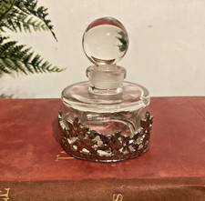 VIntage Circular Clear Glass Scent Bottle with Silver Metal Filigree Casing