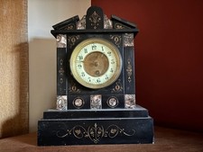 Antique Black Marble Mantel Clock with Ornate Inlay – Decorative Collectable