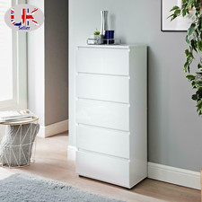 White 5 Chest of High Gloss Drawer Tall Cabinet Handle less Bedroom Furniture