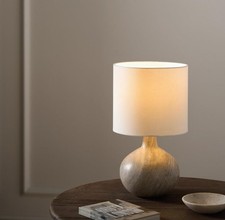 The White Company Marlow Marble Stone Round Table Lamp Linen Shade Beige Tones.