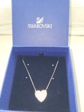 Genuine Signed Swarovski Silver Tone Vintage Crystal Heart Necklace 2 sides