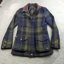 Joules Field Coat Womens 2 Green Plaid Wool Blend Zip Up Tweed Races Country