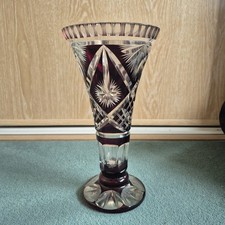 Gorgeous Burgundy Red  Cut To Clear Crystal Vintage Czech Vase.