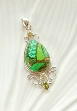 Genuine 925 Sterling Silver Golden Green Turquoise Green Quartz Gemstone Pendant