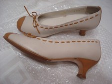 ~ HOTTER ~ 100% LEATHER Panache Jag Smart CHUNKY KITTEN HEEL SHOES 4 Ecru & Tan