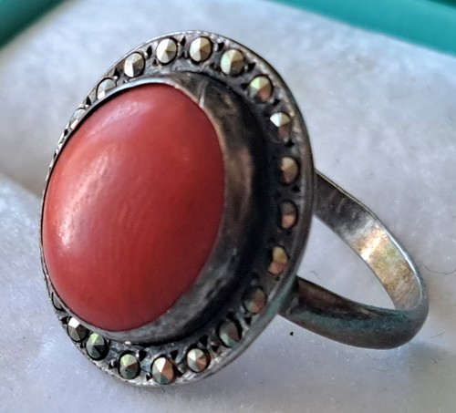 Antique coral marcasite - antique, coral/marcasite/silver