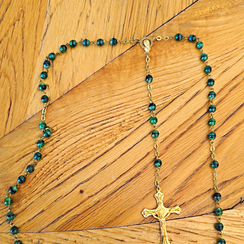 Green beaded christian rosary - christian,