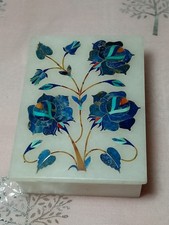 Beautiful Preowned White Stone Box, Inlaid w/ Semi-Precious Gemstones, 11x8x4cms