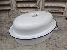 Vintage Oval Enamel Roasting Tin,Blue & White With Lid