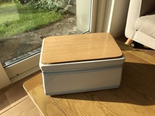 Bread Bin White Ceramic Wood Lid / Bread Board Farmhouse Kitchen blue striped 