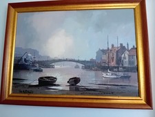 Don Micklethwaithe b. 1936- Whitby Harbour  Signed Original Oil Painting Framed