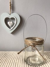 Hanging glass jar heart tea light Candle wedding shabby chic twine Lantern Vase