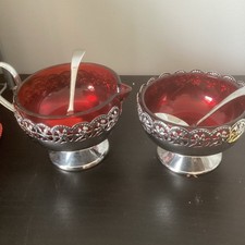 Vintage Metal & Ruby Red  Glass Sugar Bowl & cream/ milk jug with spoons