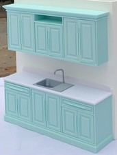 Doll House Kitchen Units Base & Sink Wall Units 1:12 Scale Powder Pale Blue