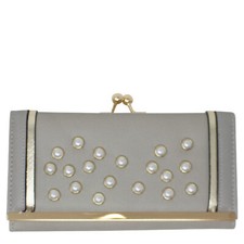 Embossed Pearls Details Clutch Bag Ladies Card Slots Clip Top Purse Wallet 1182