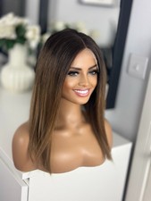 Chocolate Brown Mocha Ombre Lace Long Bob 16” 100% Virgin Human Remy Hair Wig