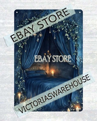 Dark blue bed tin sign - bed,