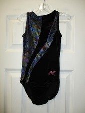 Alpha Factor CL Black Velour Blue Leotard Gymnastic Practice Rainbow