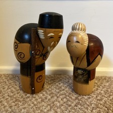 Vintage Japanese Kokeshi Grandma and Grandpa Elderly Couple Wood