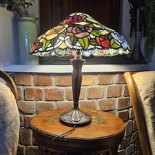 Tiffany Zenia Rose Table Lamp Stained Glass Shade & Antique Bronze Resin Base