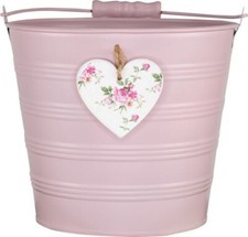 Tin Pail Floral Wooden Heart 15cm - Pink, planter, display bucket