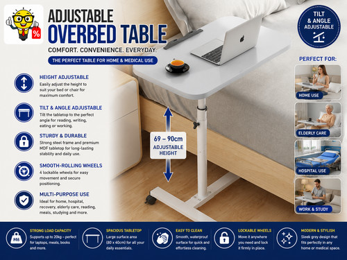 Adjustable overbed table with - adjustable,