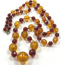 vintage Art Deco faceted AMBER beads & cherry bakelite 28" long graduated