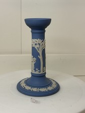 Wedgwood Jasperware Candlestick Holder Oak Leaf Pattern Cream on Blue