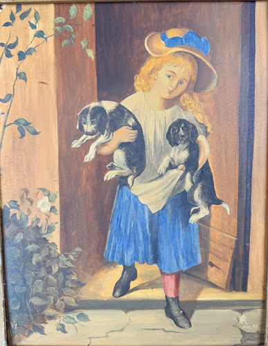Antique 1883 oil painting girl - 1883,