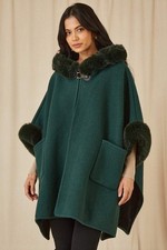 Green Faux Fur Trim Hooded Cape - Esque