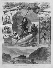 SALMON FISHING RESTIGOUCHE RIVER GAFF ANTIQUE FLY ROD TACKLE INDIAN GUIDE CANOE