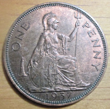 1937 One Penny Coin. King George VI. Nice Grade with some Lustre