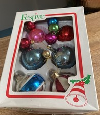 Vintage set of 12 Polish Hand Made Glass Christmas baubles box Multi Coloured