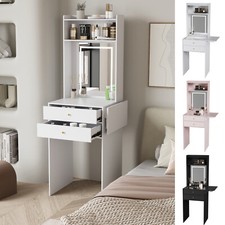 Small Dressing Table with Foldable Side Panel LED Light Mirror Shelves Vanity