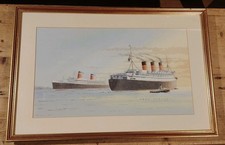 Original Vintage Watercolour By Fred Johnson of RMS Queen Mary, SS United States
