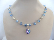 Blue Faceted Glass and Silver Tone Heart Bead Necklace with  Blue Purple Heart