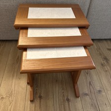 Mid Century Modern Teak Cream Tile Top Nest of 3 Tables Coffee Side Table