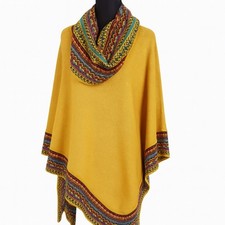 Peruvian Soul Alpaca Blend Poncho Wrap Shawl Colorful Trim Boho Chic with sleeve