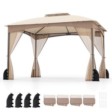 COSTWAY 365 x 300 cm Patio Gazebo Soft Top Double Roof Canopy w/4 Sandbags-Khaki
