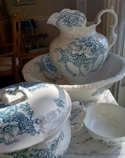 4 pieceAntique "Duchess" JHW & Sons 19thC Transferware Stoneware Pitcher & Basin