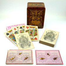 c1860 ITALIAN SORRENTO WARE PLAYING CARD BOX, 2 x COMPLETE ANTIQUE PLAYING CARDS