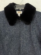 Vintage Talbots Jacket 8 Black Blue Herringbone Wool Blend Faux Fur Collar Women
