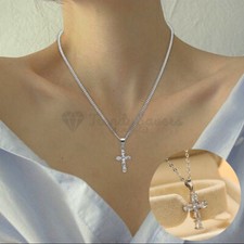 Small Cubic Zirconia Holy Cross Pendant 925 Sterling Silver Men Women Necklace