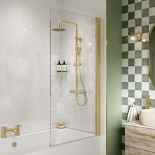  Brushed Brass Bath Hinged Shower Screen Frameless Square- 6mm Glass-1400mm High